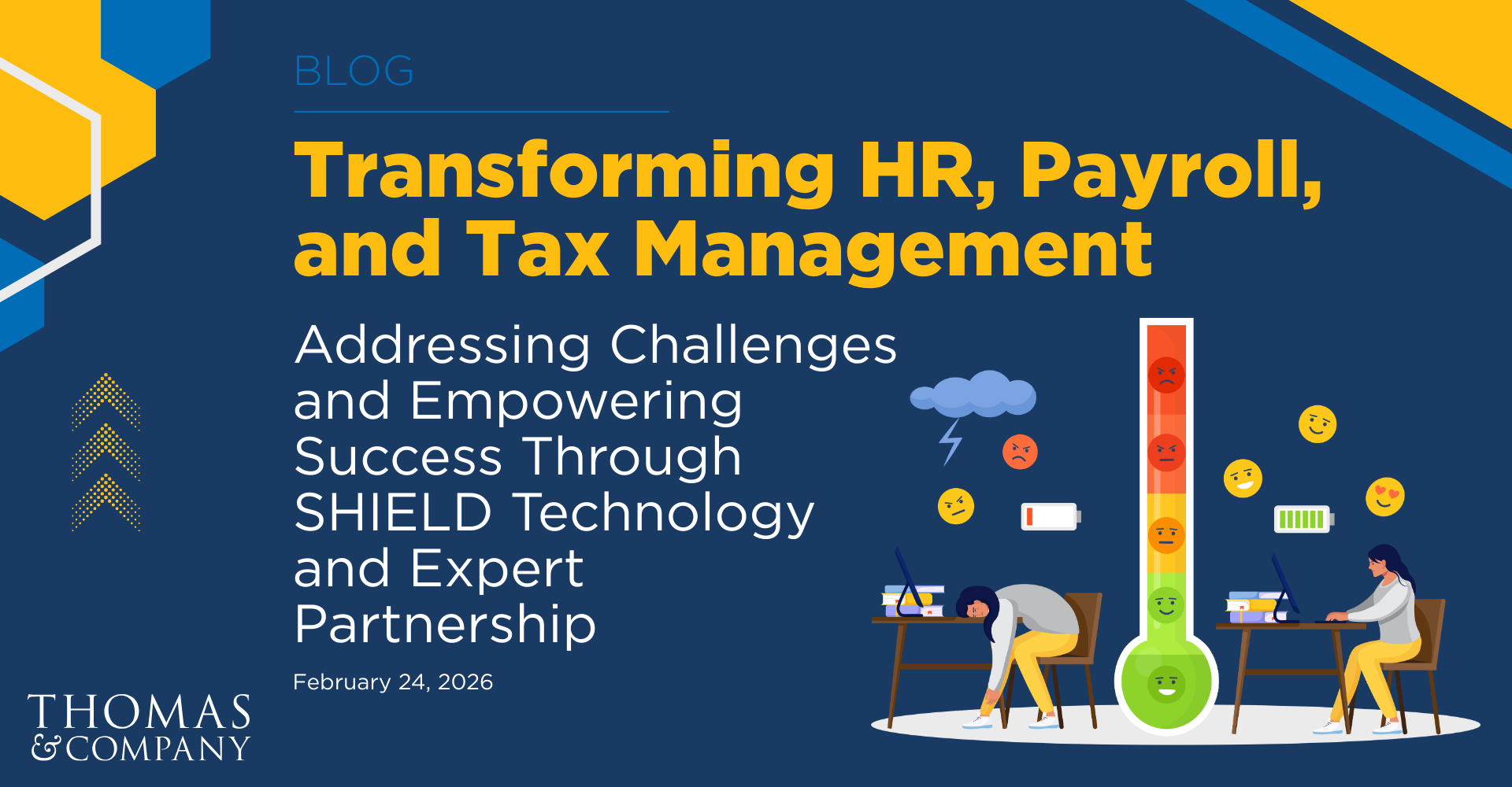 Title graphic which reads Transforming HR, Payroll, and Tax Management. Subheading reads Addressing challenges and empowering success through SHIELD technology and Expert partnership.
