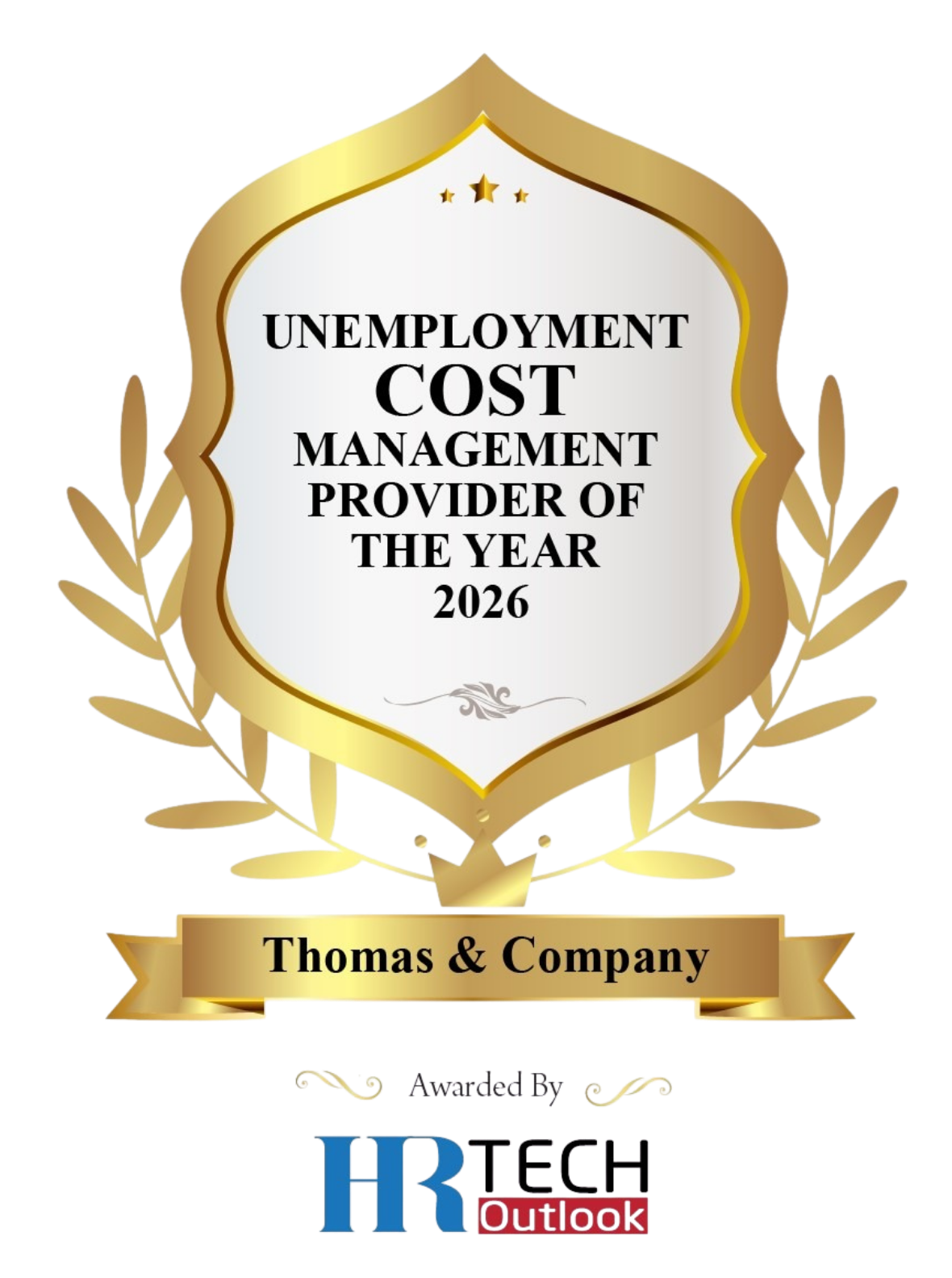Graphic of an award reading Unemployment Cost Management Provider of the Year 2026 Awarded by HRTech Outlook
